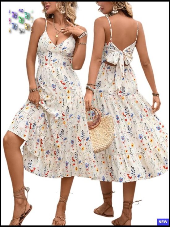 Dresses & Skirts - Boho Floral V-Neck Sleeveless A-Line Summer Beach Dress High Waist Flowy
